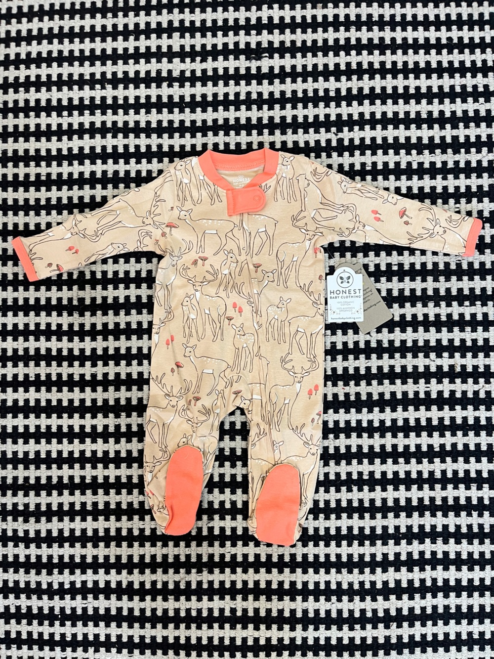 Honest Baby Beige Deer Print Footed One-Piece with Coral Accents